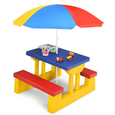 Kids Picnic Table Set Bench w/ Removable Umbrella Patio Yard, Mixed Color Plastic